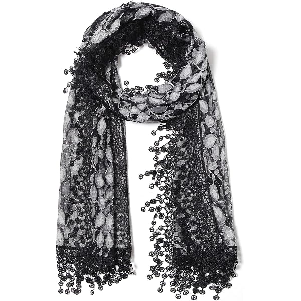 White Deer Long Wave Bubble Fringe Lace Scarf – Two-Layer Sheer Tassel Wrap - View #3