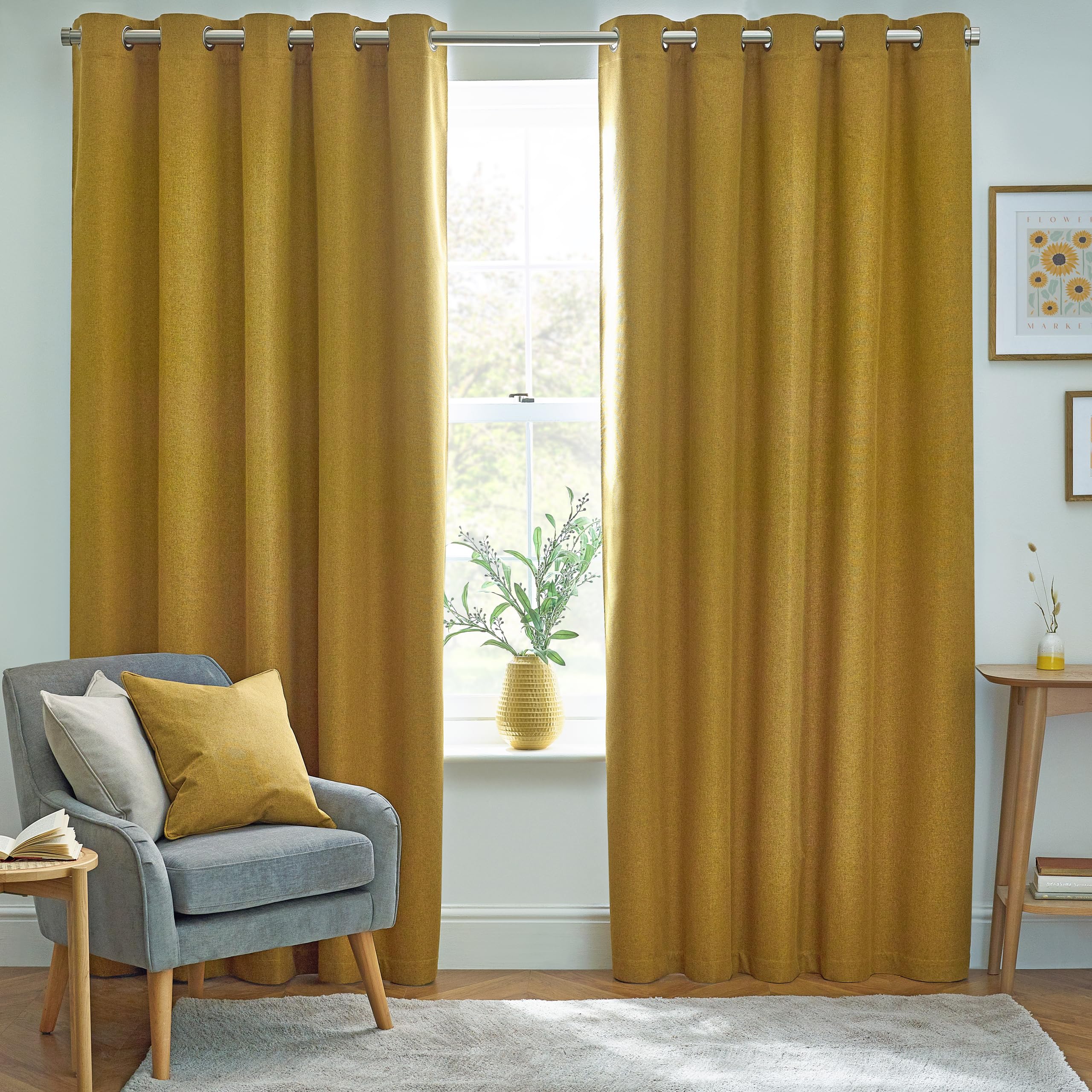 furn. Dawn Textured Blackout Eyelet Curtains – Thermal Lined Pair (Mustard - Width 229 x Drop 183cm)