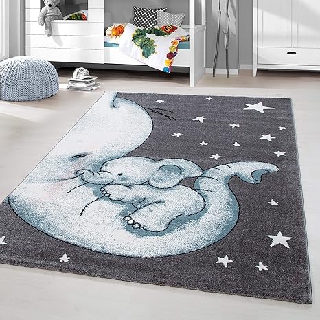 HomebyHome Kinderteppich Kurzflor Elephant Kinderzimmer Babyzimmer Grau Blau Meliert, Größe:160x230 cm