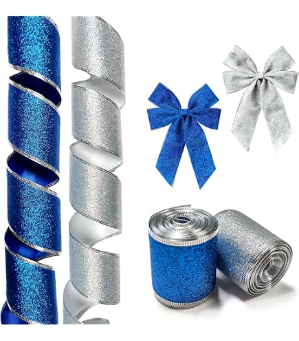 2 Rolls Christmas Snowflake Wired Ribbon - 2.5 Inch Wide Glitter Ribbon For Gift Wrapping & Tree Decor (Blue, 40 Yards Total) - View #7