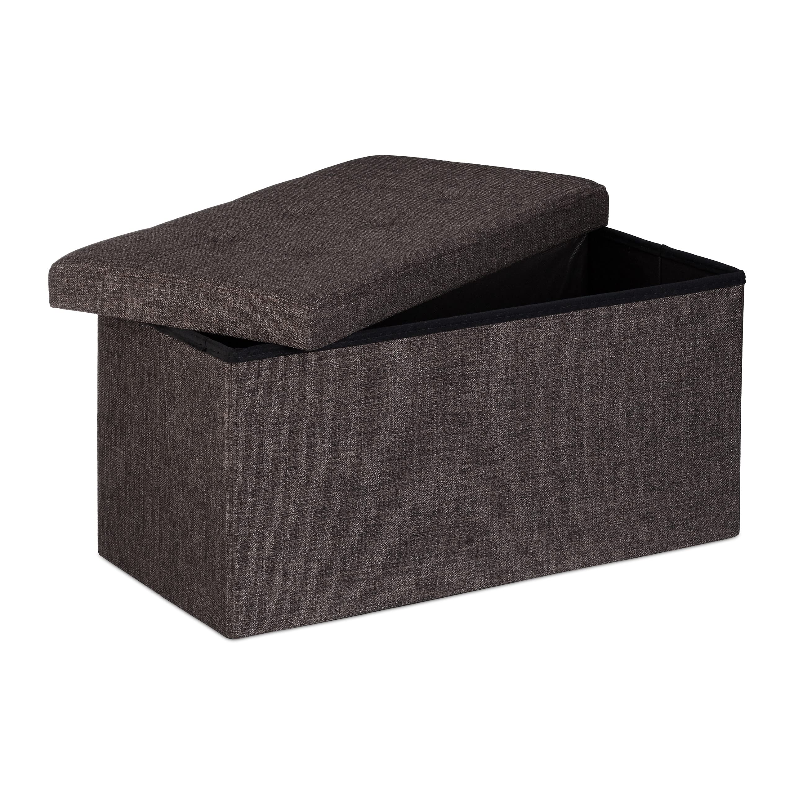 Relaxdays Cloth Seat XL 38 x 76 x 38 cm Sturdy Foldable Stable Folding Ottoman Linen Foot Stool Storage Box Bench with Removable Lid for the Living Room, Brown, 76x38x38 cm
