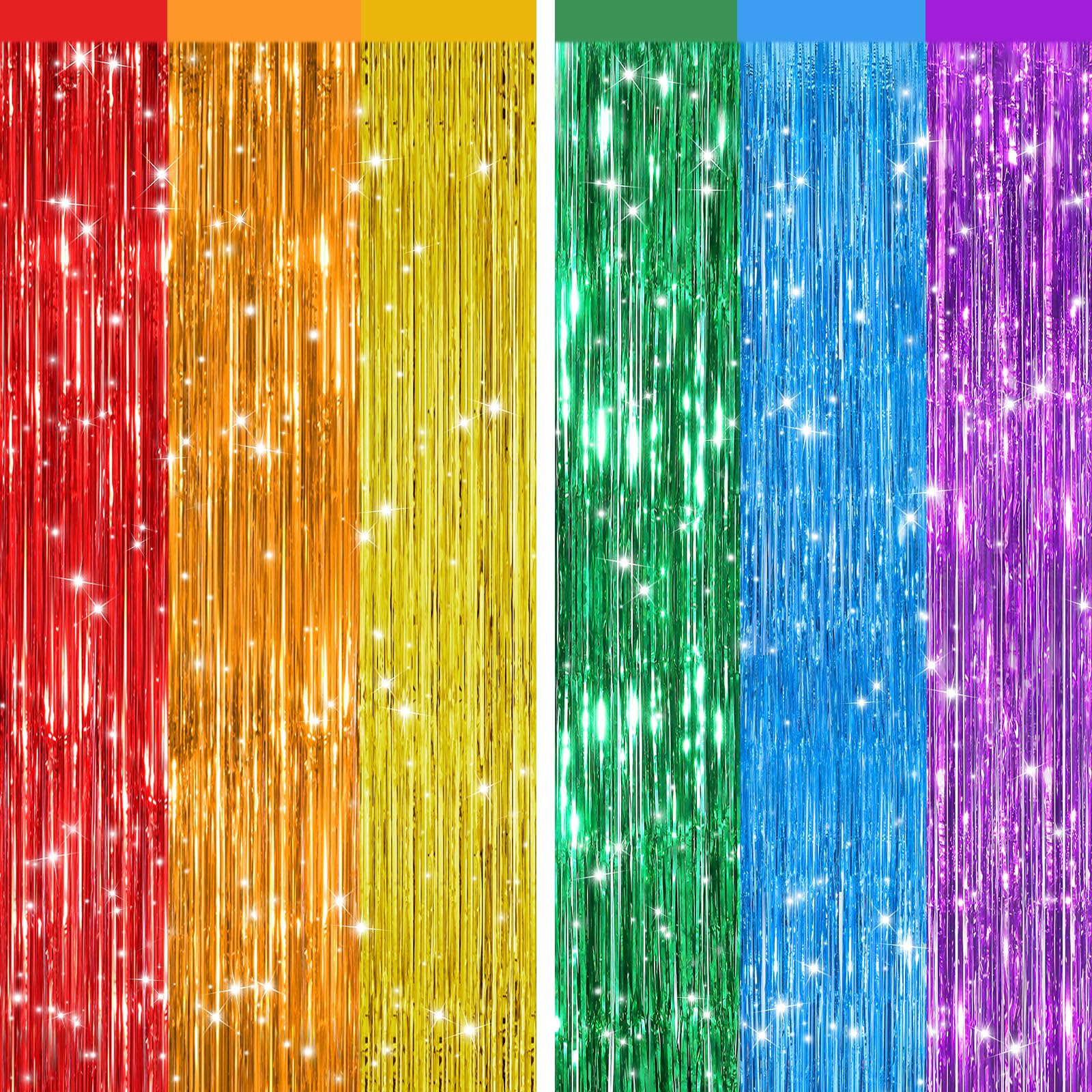 Photo 1 of 2Pack Rainbow Foil Fringe Curtains Backdrop Decorations, Rainbow Metallic Tinsel Foil Streamers Curtain Photo Booth Background for Birthday Wedding Engagement Bridal Shower Unicorn Party Decorations