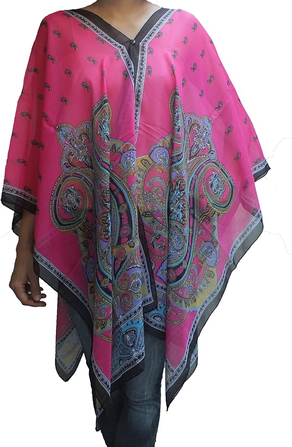 Scarf Caftan Tunic Poncho Coverup, Paisley Print, Shawl, Pink Color at