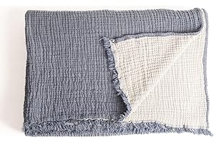 Viva Maison - Muslin Bedspread & Pillowcases Set of 3, Queen Size, Organic Turkish Cotton, Double-Sided Muslin Blanket with Fringe (Indigo Blue, Queen Size: 91 x 95 Set-3)