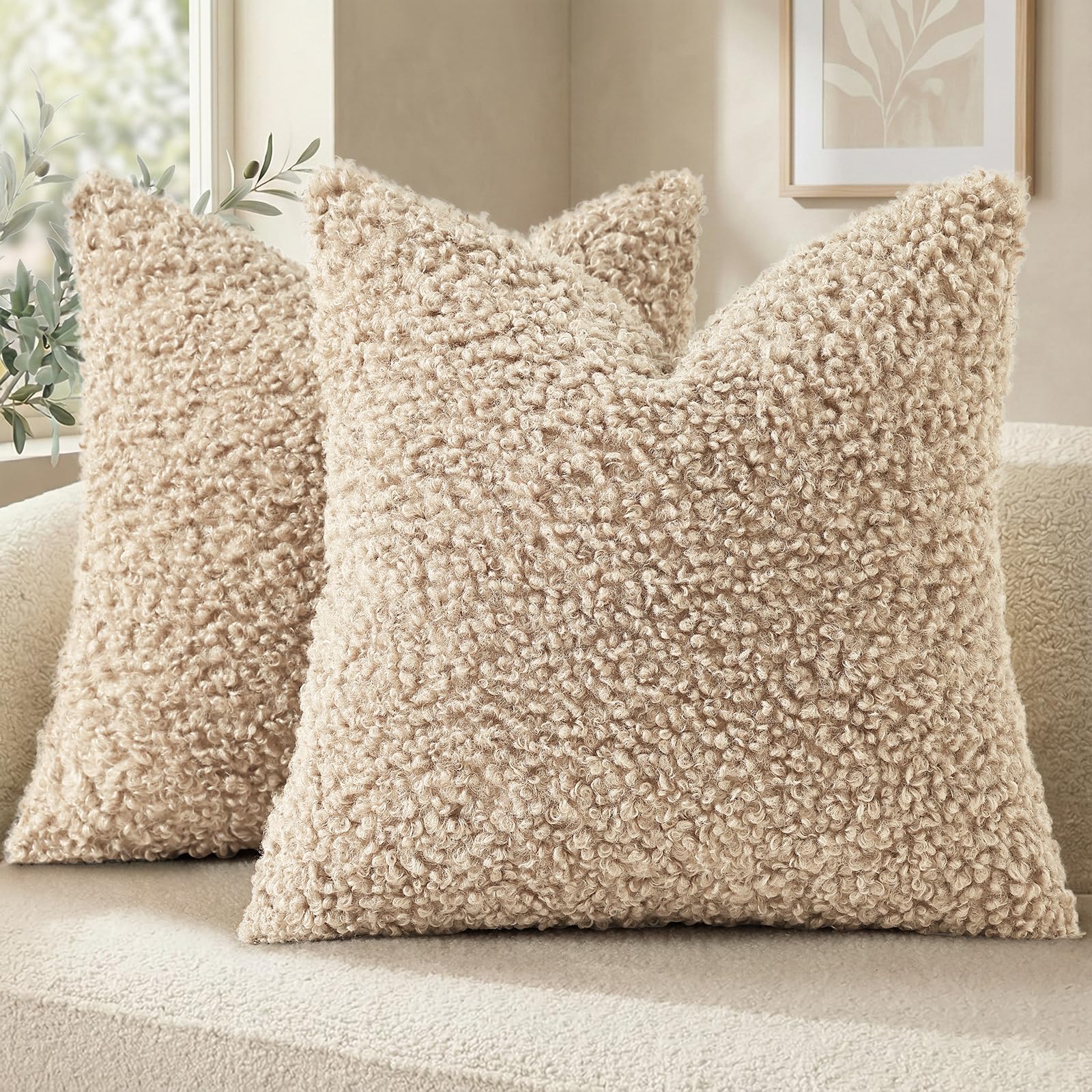 decorUhome Pack of 2 Throw Pillow Covers 18x18 Inch, Faux Fur Decorative Sherpa Pillow Covers Fuzzy Accent Soft Sheepskin Fleece Pillow Cases for Couch Living Room Bed, Neutral Oatmeal