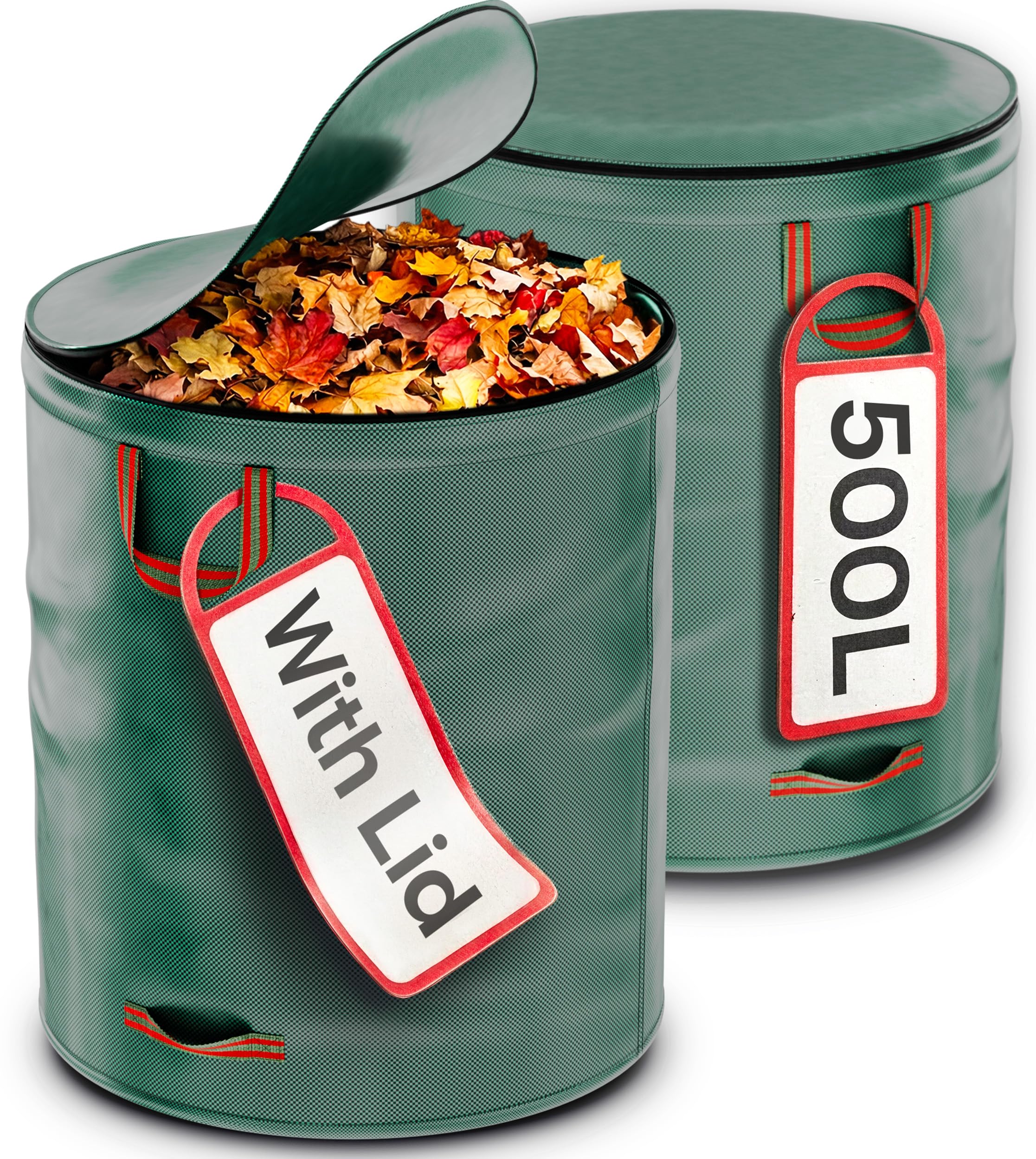 Praknu 2 x Garden Waste Bags with handles & Lid 500L - Reusable Heavy Duty Garden Sacks - Ideal for Collecting Plant Waste, Grass and Leaves - Garden Bags - Gardening Bag - Leaf Bag