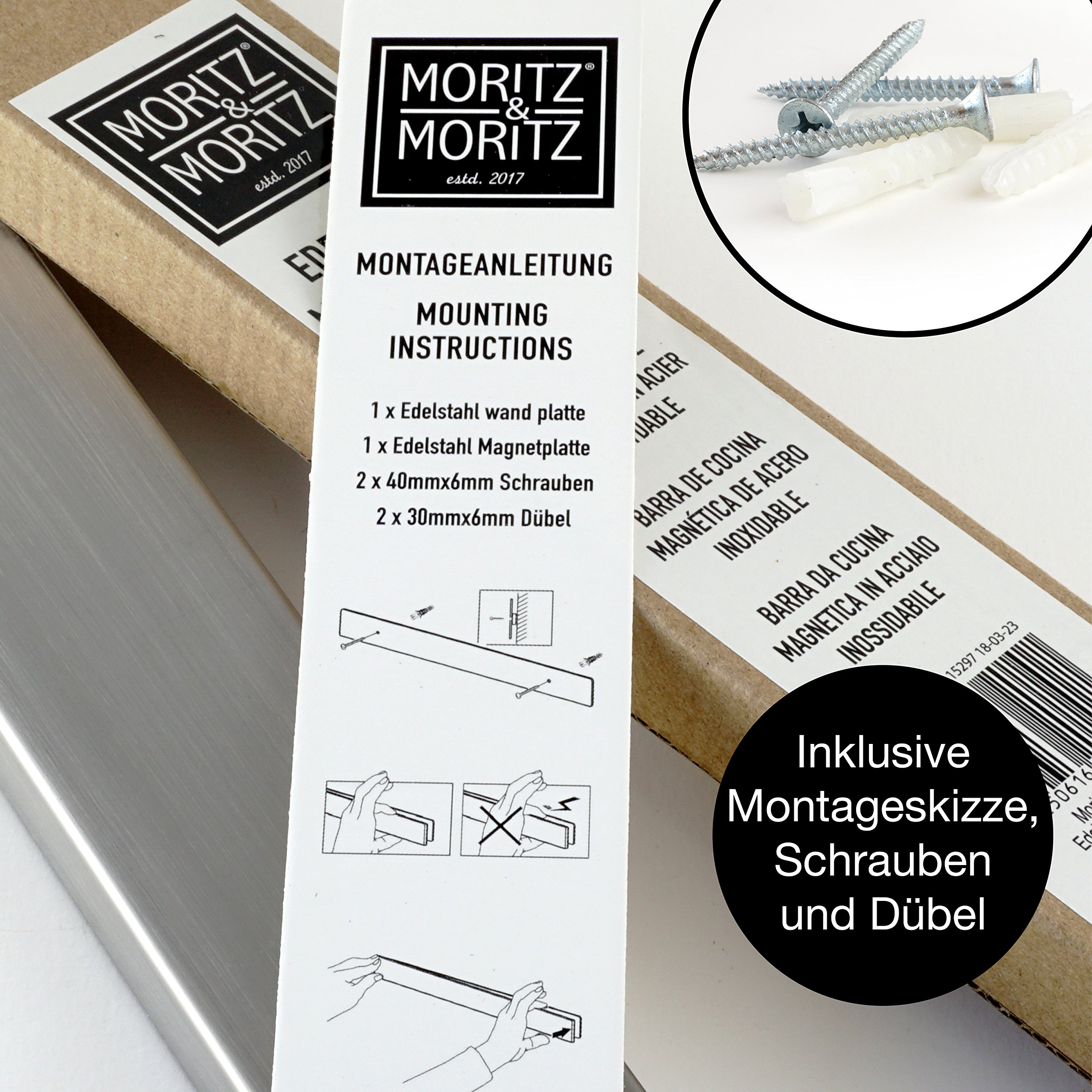 Moritz & Moritz® Barra magnetica para Cuchillos, Universal, Acero Inoxidable, 40 cm, Herramientas de Cocina para Guardar Cuchillos