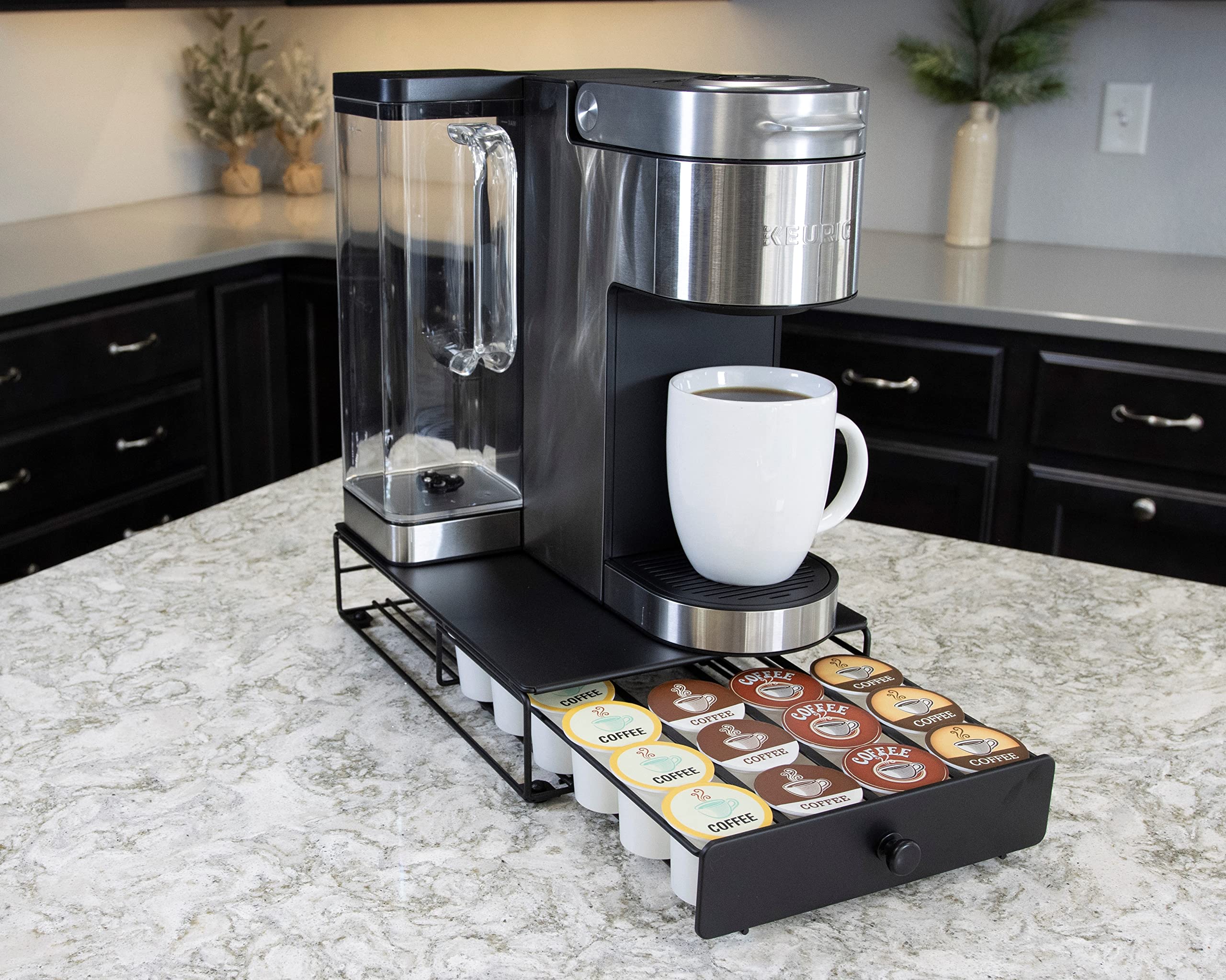 Nifty Coffee Pod Mini Drawer – Black Finish, Compatible with K-Cups, 24 Pod Pack Holder, Non-Rolling, Under Coffee Pot Storage, Sliding Drawer, Home Kitchen Counter Organizer