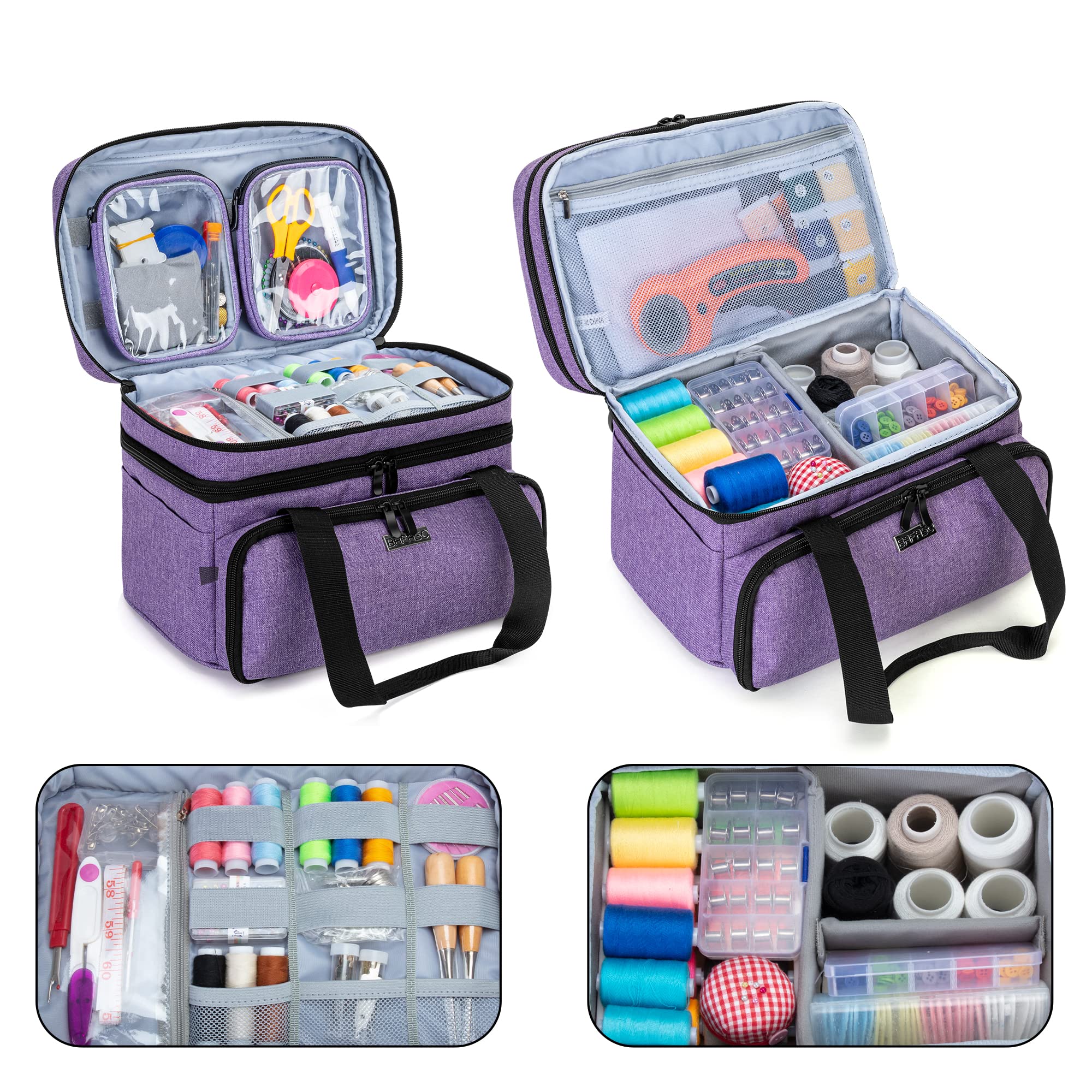 BAFASO Double Layer Sewing Accessories Organizer with 2 Detachable Pouches, Large Sewing Storage Bag for Sewing Tools (Bag ONLY), Purple