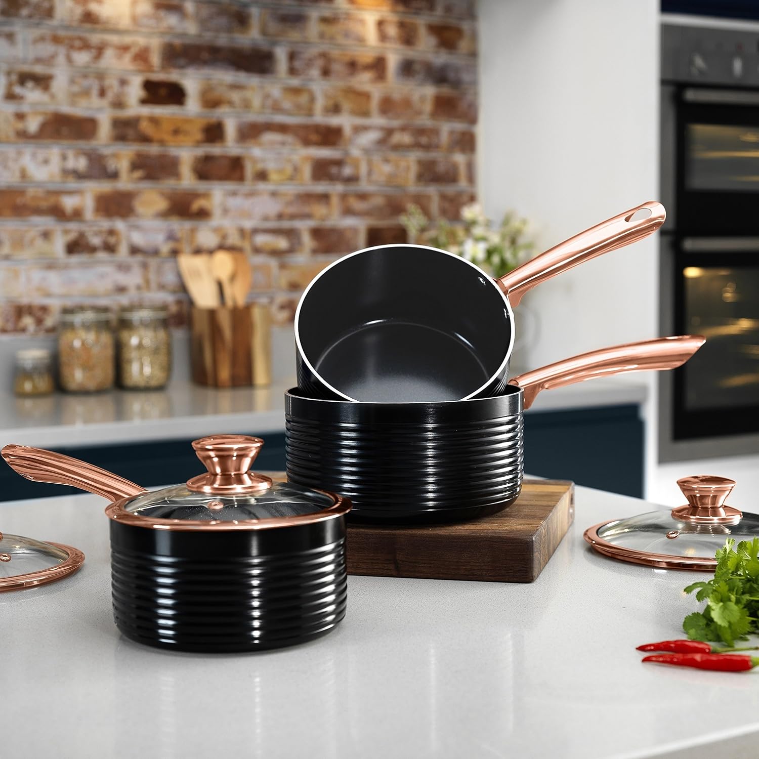 Tower T800001RB Linear Non Stick Induction Saucepans Sets With Lids, Easy Clean, Black and Rose Gold, 3 Piece Set, 16/18/20 cm - Image 4