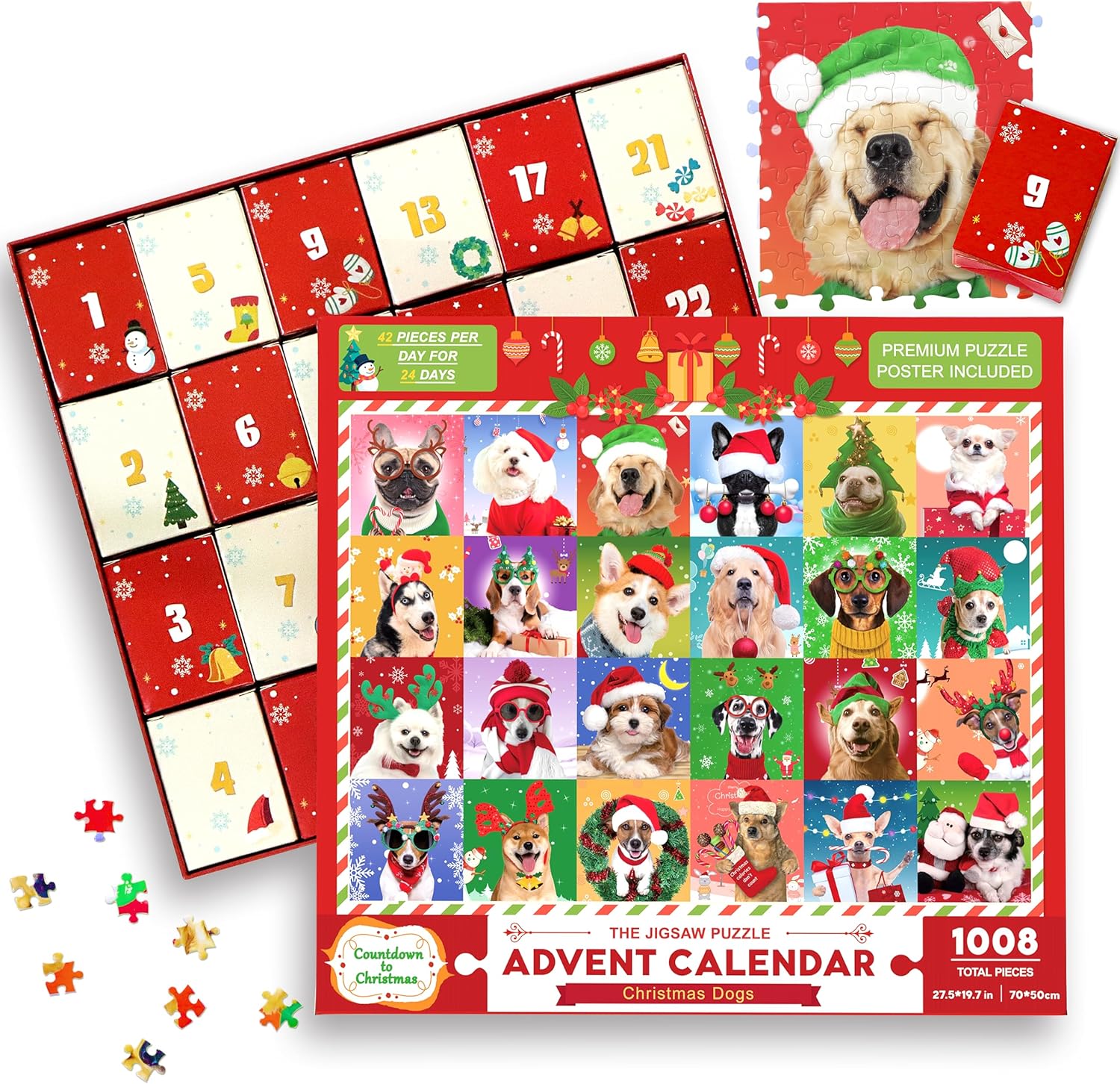 Advent Calendars - Advent Calendar 2023 Jigsaw Puzzles-Christmas Dogs, 24 Boxes 1008 Pieces Puzzles Countdown to Christmas, Christmas Gifts Stocking Stuffers, Christmas Decorations Christmas Puzzle for Adults Kids