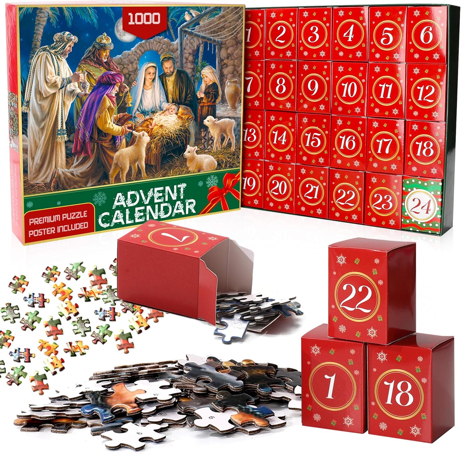 Advent Calendars - Advent Calendar 2023 Nativity Christmas Puzzle Nativity Jigsaw Puzzle 24 Days Surprise Christmas Countdown Calendar 1000 Piece Nativity Themed Puzzle Fun Christmas Game Gift for Kids Adults