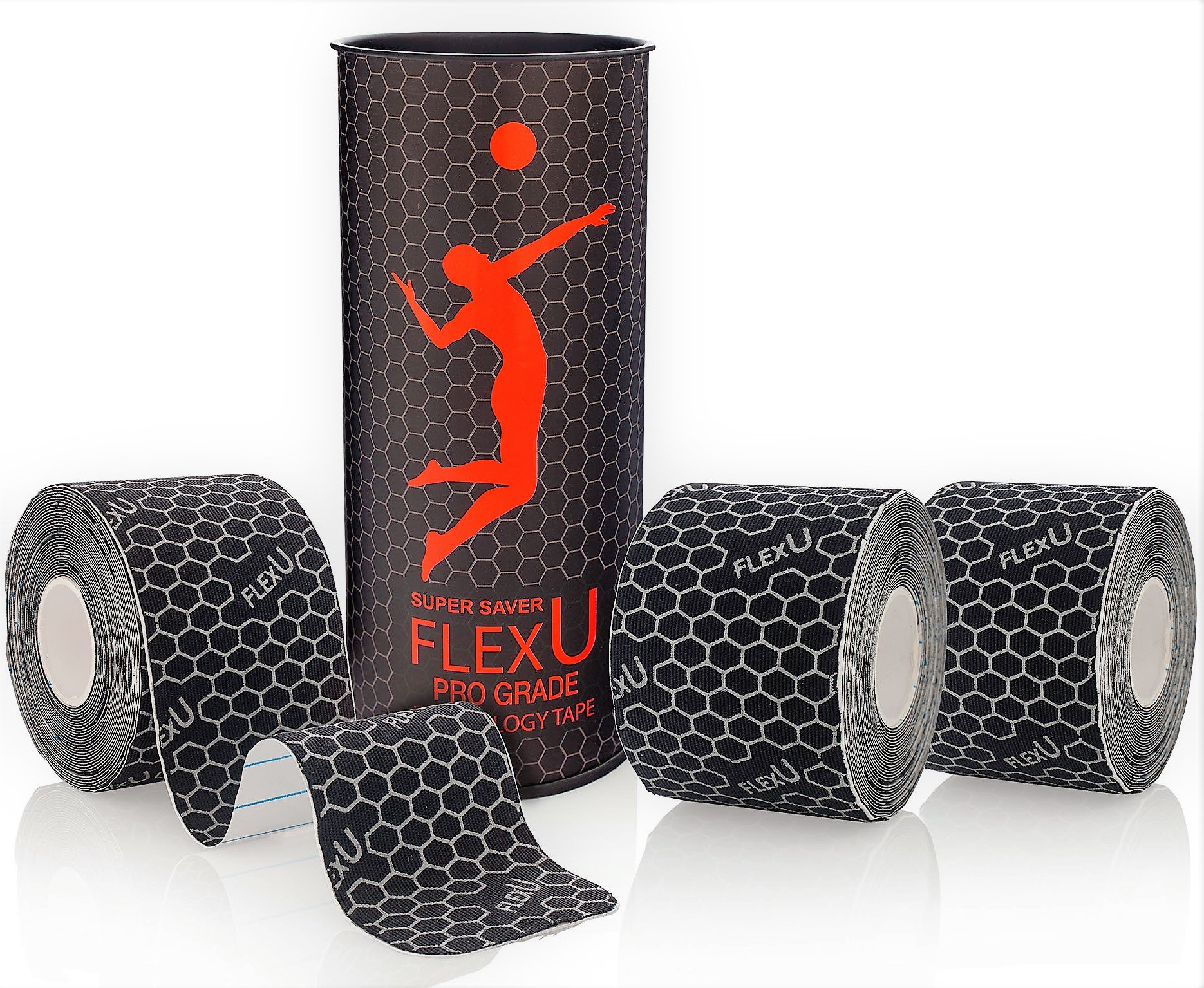 FLEXU Black Kinesiology Tape; New & Improved Super Saver 3 Rolls Pack Pre-Cut I Shape. Pro-Grade Hypoallergenic; Therapeutic Sports Tape: Alleviates Pain, Reduces Swelling & Induces Faster Recovery.