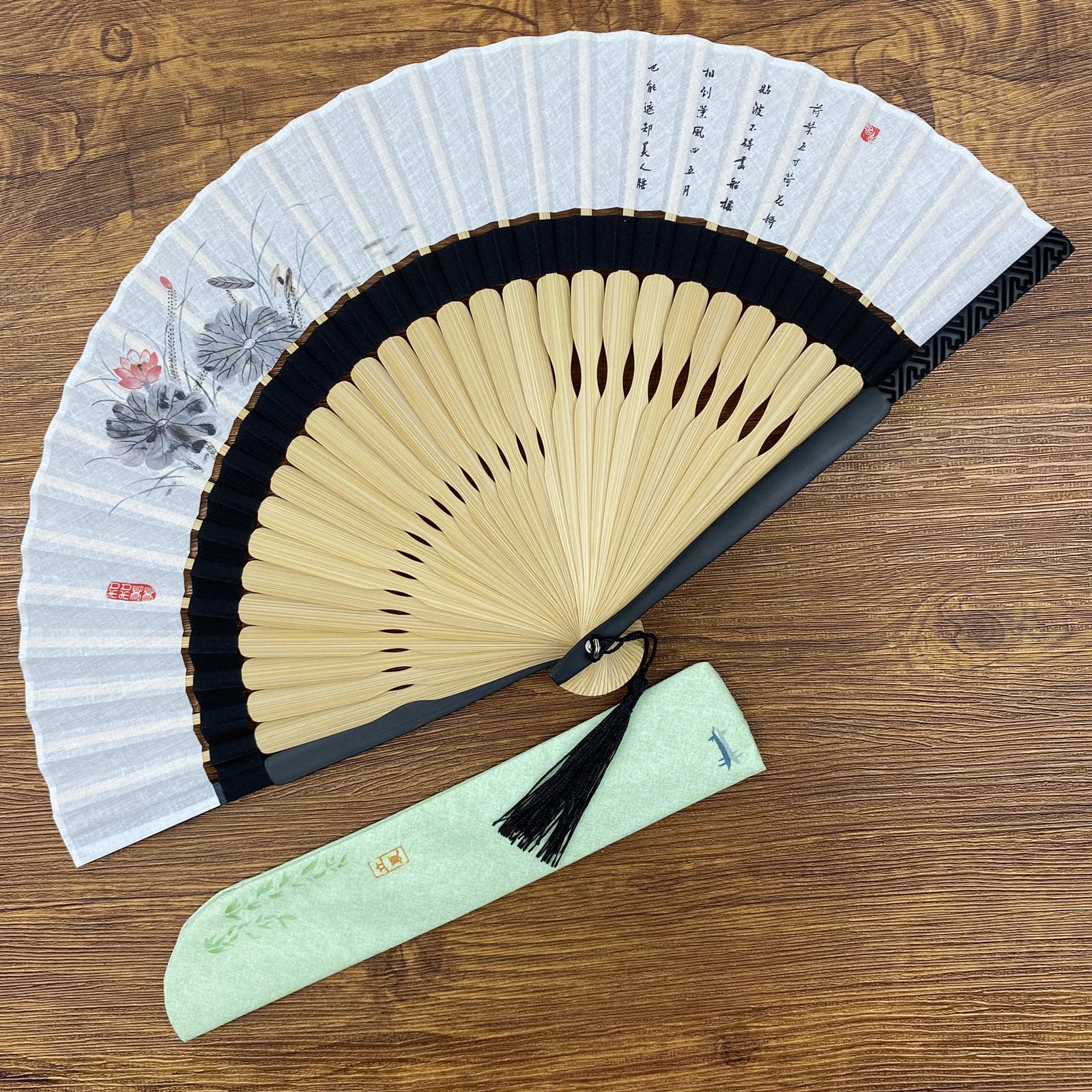 Eastern Wind Chinese white linen lotus bamboo hand fan folding