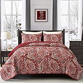 DJY Red Paisley Quilt Set Queen Size Boho Quilt Bedspread Set 3 Pieces, Soft Lightweight Microfiber Coverlet Set Burgundy Paisley Floral Pattern Bedding for All Season, 96''x90''