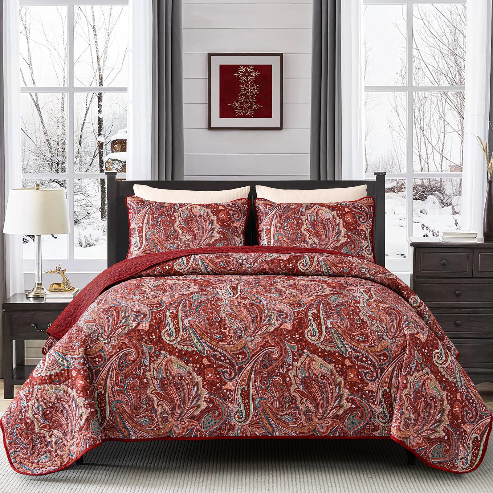 DJY Red Paisley Quilt Set King Size Boho Quilt Bedspread Set 3 Pieces, Soft Lightweight Microfiber Coverlet Set Paisley Floral Pattern Bedding for All Season, Rust Red 104''x90''