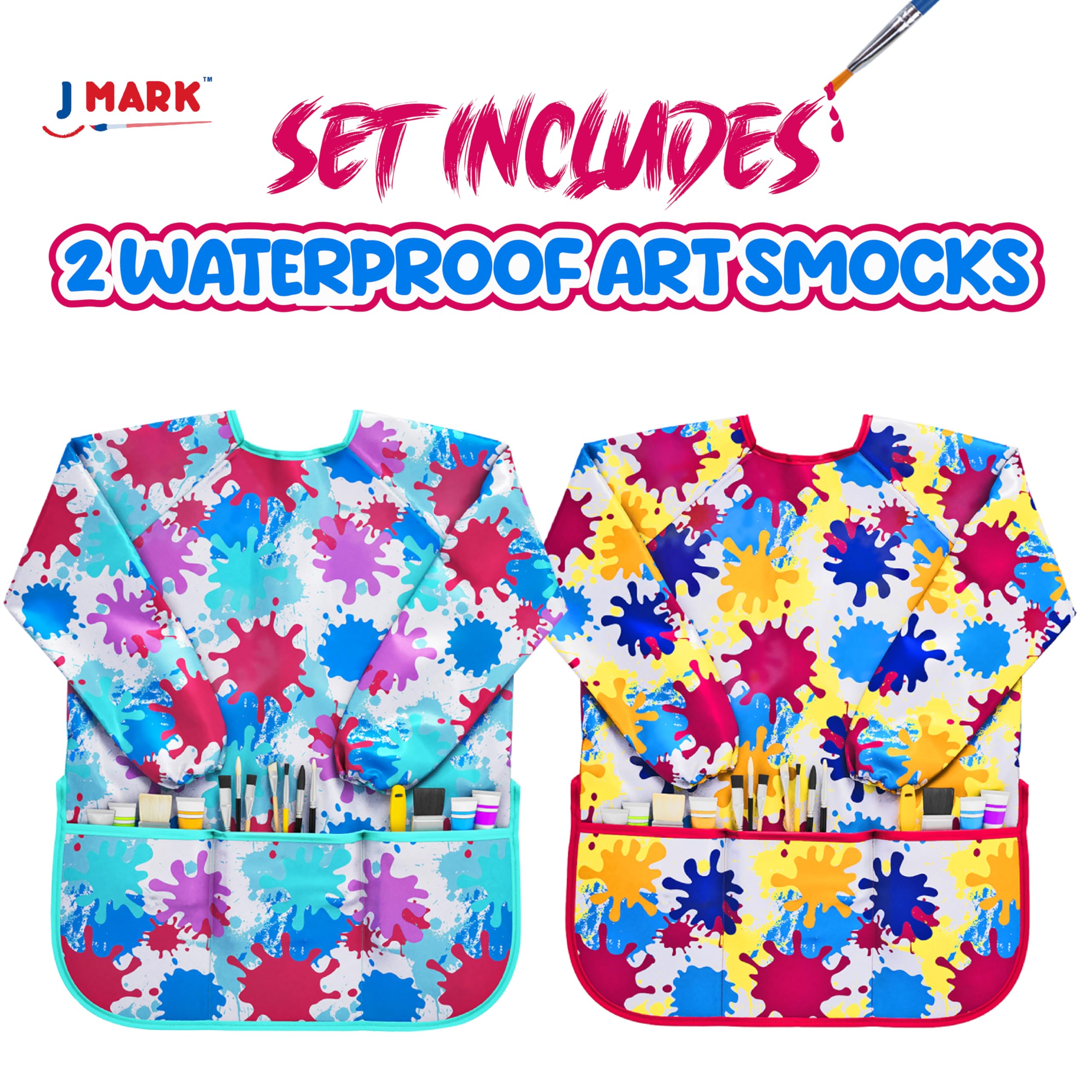 J MARK Waterproof Art Smock Painting Apron- 2 Pack Long Sleeve for Arts & Crafts