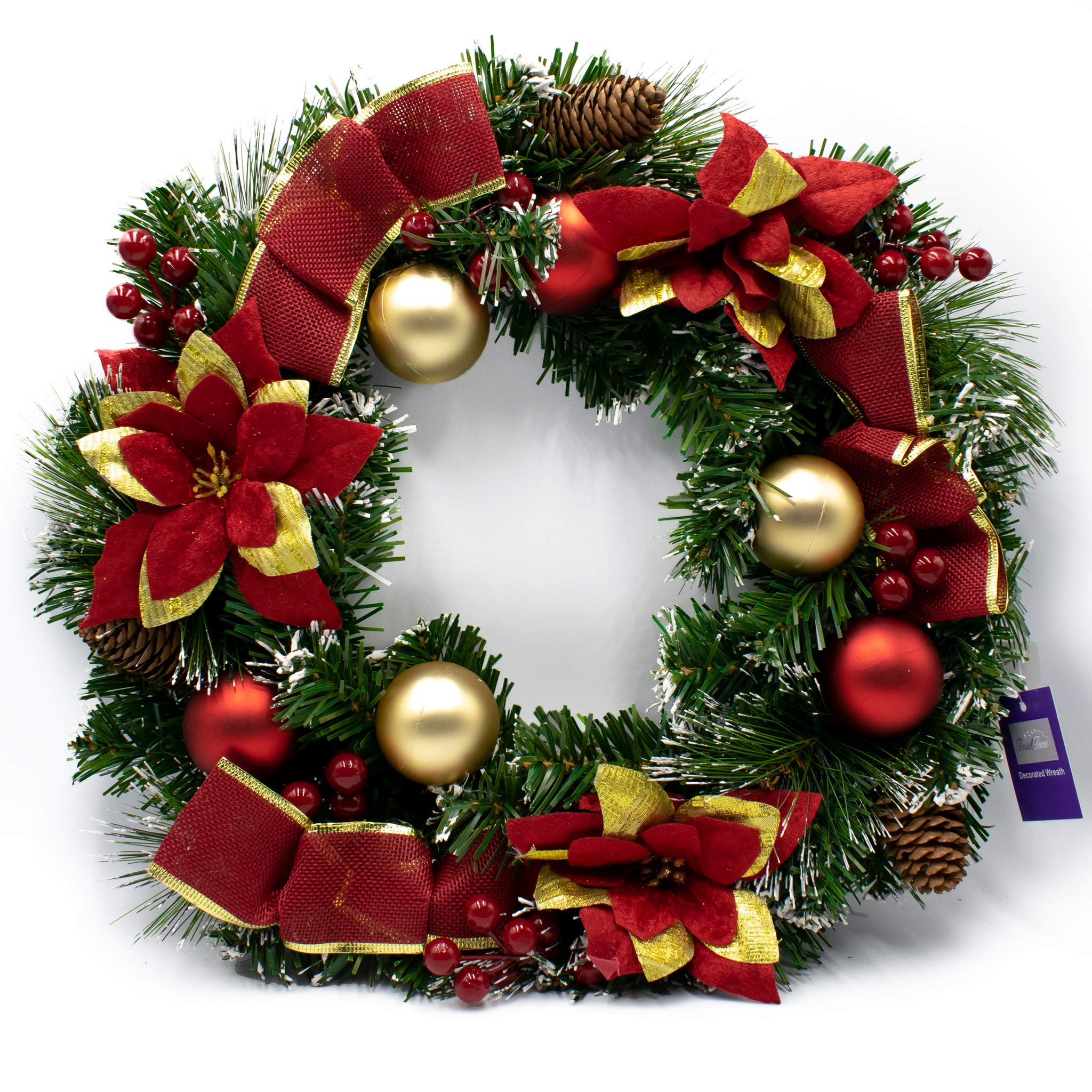 tinsel time 40cm Traditional Christmas Pine Wreath with Baubles, Assorted Designs, Traditional Decoration (Red and Gold Decorations)
