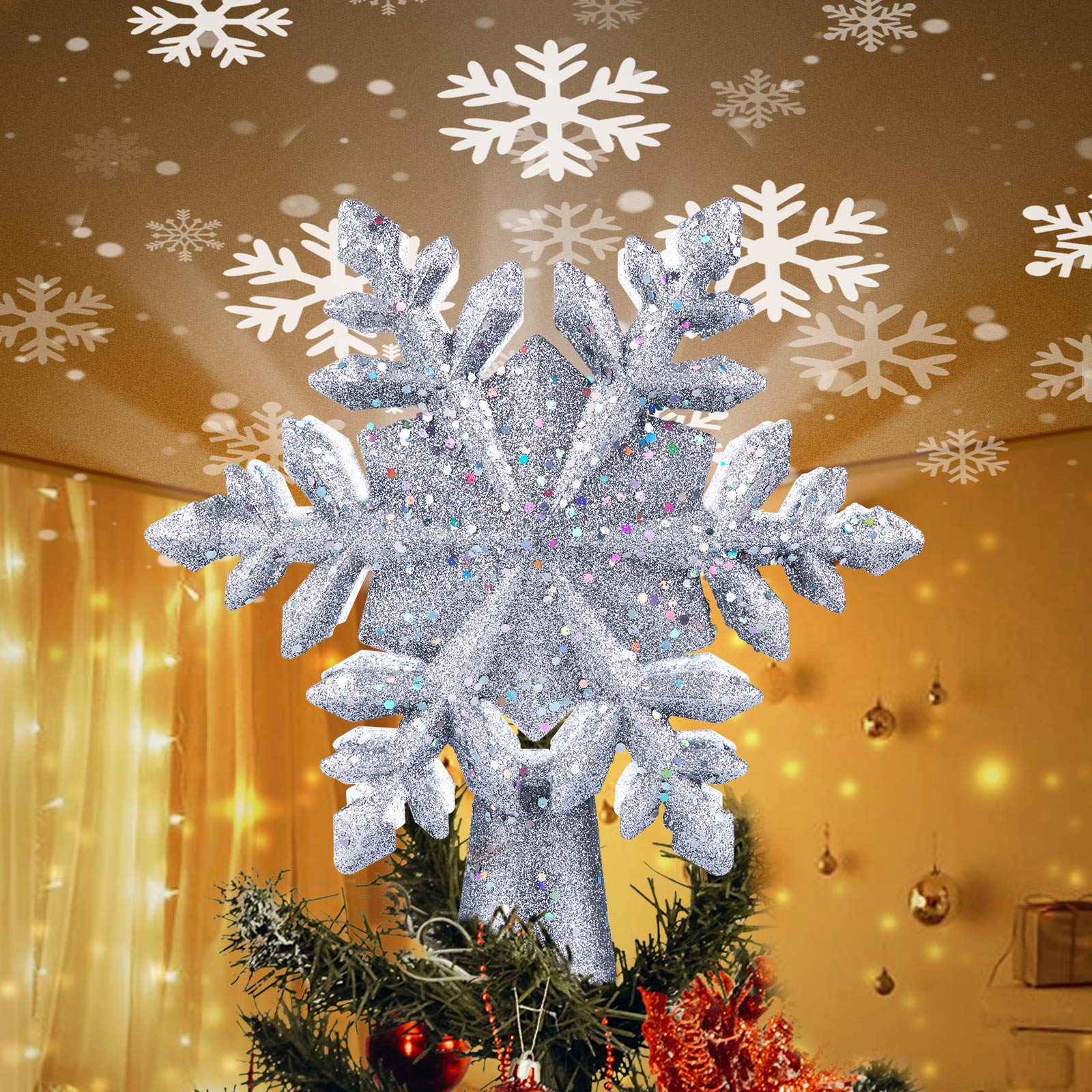 Photo 1 of Christmas Tree Topper Lighted with Built-in Led Rotating Snowflake Projector Lights, 9.6” Hollowed Tree Topper with Silver Spangles Plug In for Indoor Home Xmas New Year Party Holiday Night Tree Decor