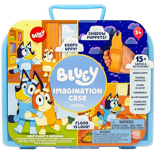 Bluey Imagination Case, 15 Games & Activities, Travel-Friendly Bluey Playset With Markers, Crayons, Balloons, Puppets & Games for 3 Year Olds, Fun Bluey Toys & Toddler Games, Bluey Party Decorations