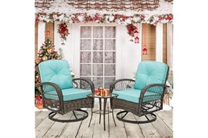 EROMMY 3 Pieces Outdoor Swivel Rocker Patio Chairs, 360 Degree Rocking Patio Conversation Set with Thickened Cushions and Glass Coffee Table for Backyard, Blue