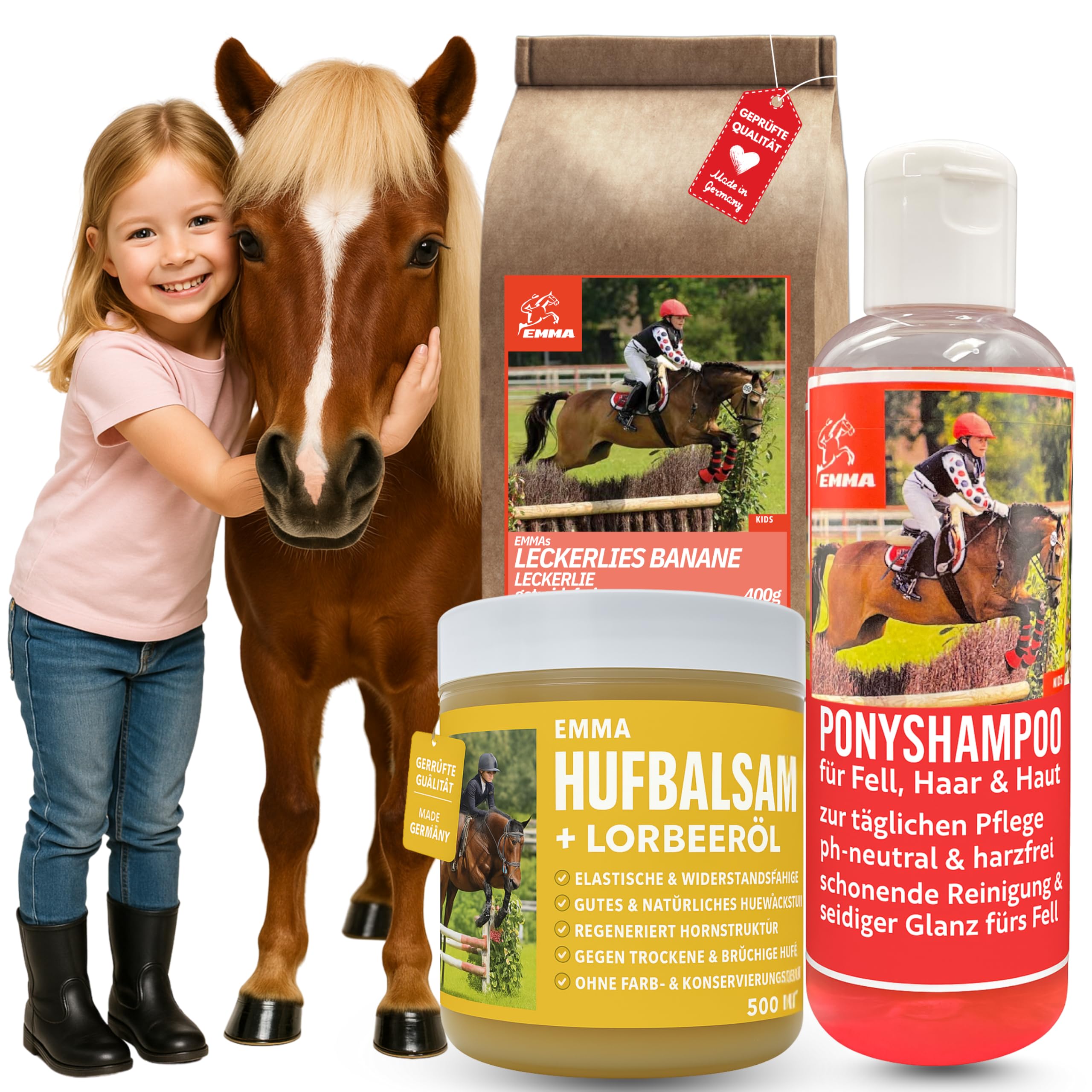 EMMA Horse Treats Horses I Glitter Huffett Pink & Fragrance I Horse Shampoo Pink Hoof Gel with Glitter I Horse Care Set for Children 3 Pieces I Contents Cleaning Box