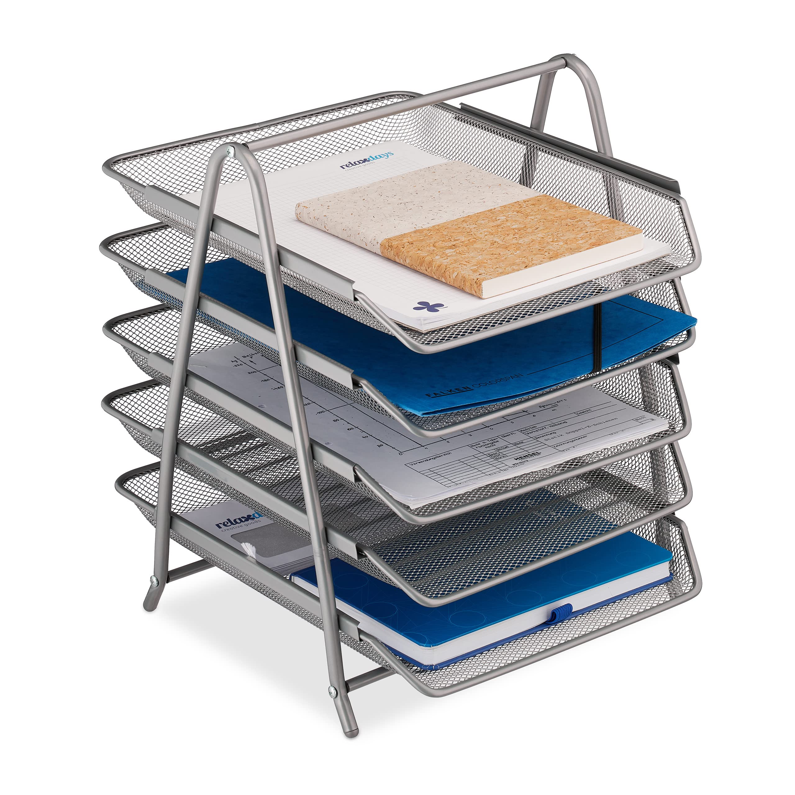 Relaxdays Document Tray, 5 Compartments, Filing System, Mesh, Letter Tray A4, HxWxD: 37.5 x 30 x 35.5 cm, Metal, Silver