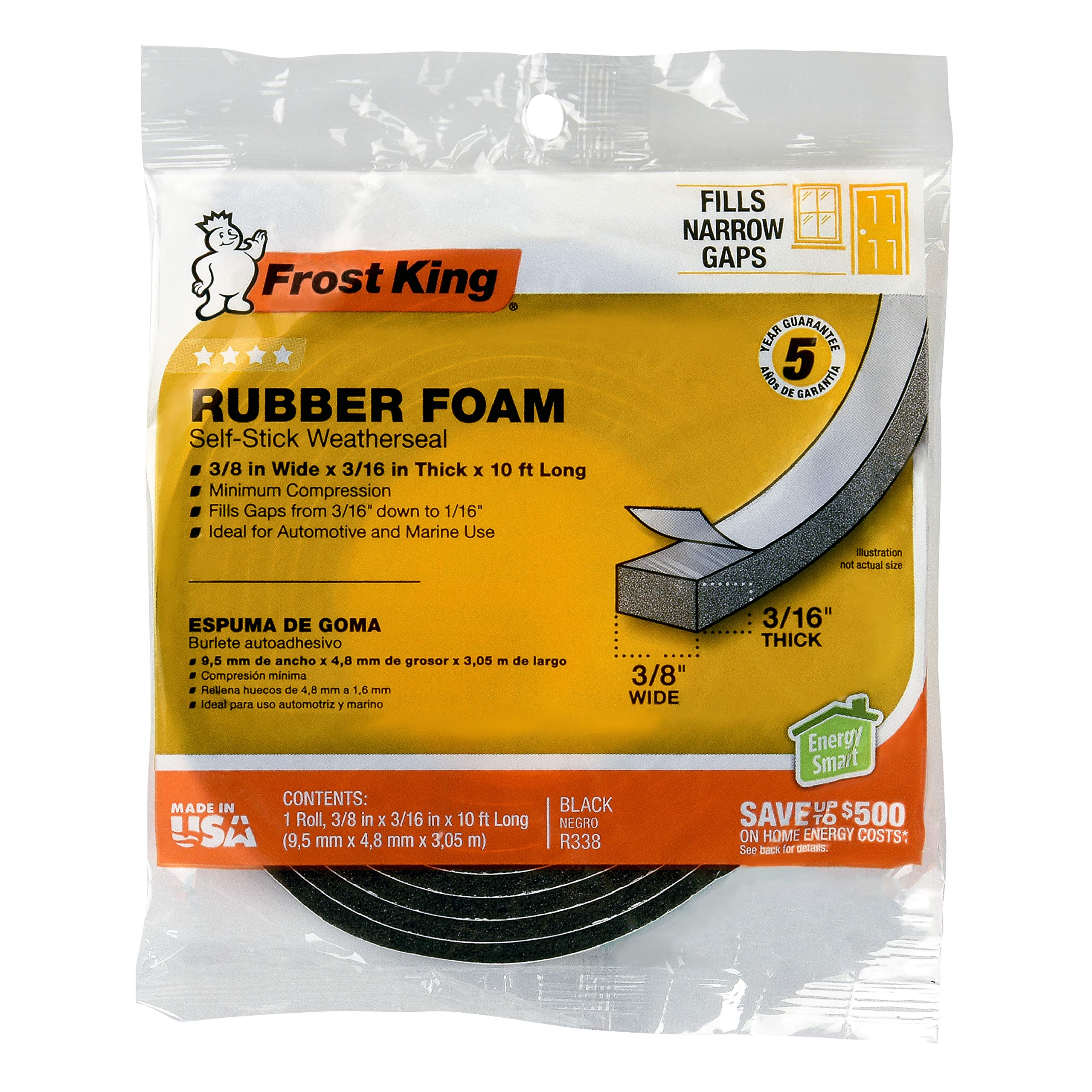 Photo 1 of Frost King R338H Self-Stick Rubber Foam Weatherseal, 3/8"W, 3/16"T, Black|Blacks