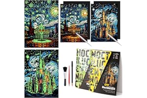 BULCHIGN Scratchboard Art for Adult-Luminous-Scratch Painting Kits for Adults, Noctilucent Arts and Crafts for Teens with Scratchboard Tools 16"x11.2" Rainbow Painting（Amusement Park & Beautiful Castle）