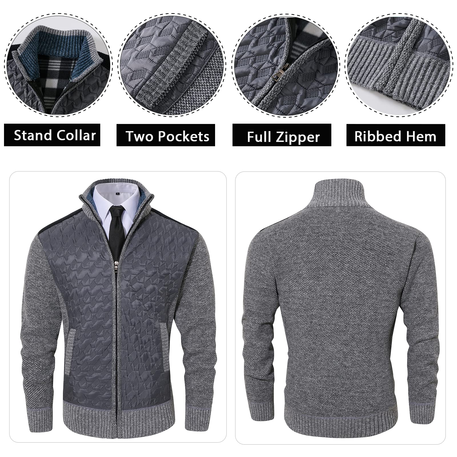 Msmsse Men's Full Zip Cardigan Sweater for Men Causal Thick Slim Fit Knitted Sweaters Jacket Black M