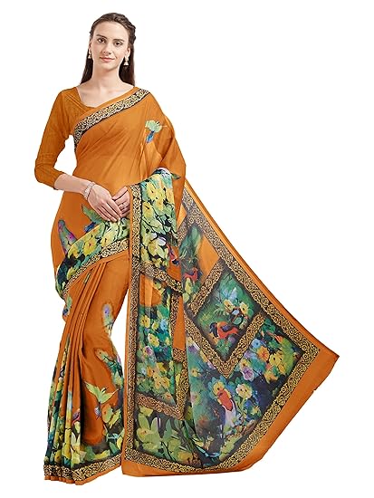 Womens Chiffon Floral Print Saree With Un-Stitched Blouse Fabric (5866 - Musturd - Free Size)