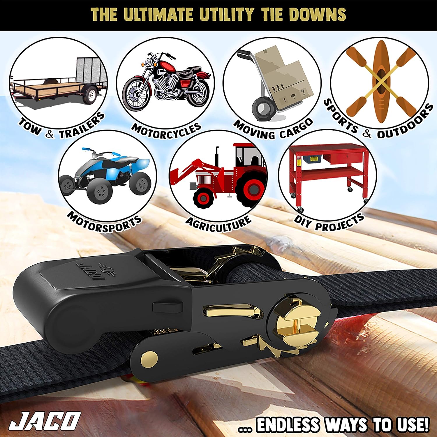 JACO Ratchet Tie Down Straps (4 Pack) - 1 in x 15 ft | AAR Certified Break Strength (1,823 lbs) | Cargo Tie Down Set with (4) Utility Ratchet Straps, (4) Bundling Straps, and Accessories (Black): Automotive