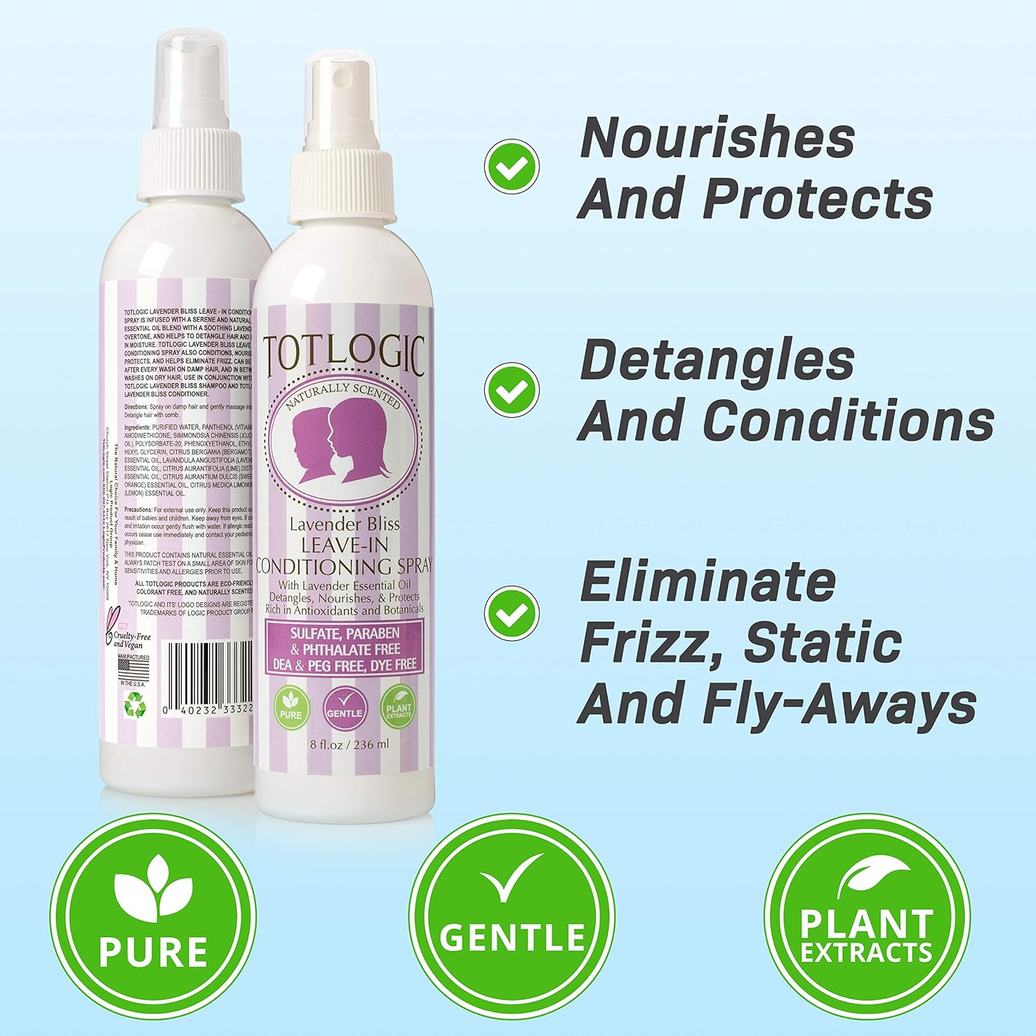 TotLogic Kids Detangler Spray and Leave In Conditioner - Naturally Scented with Essential Oils - Lavender, 8 oz: Beauty