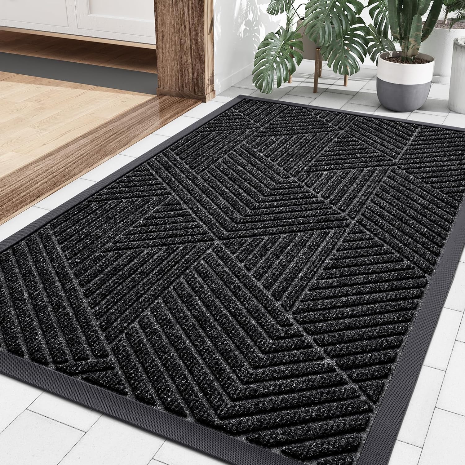 smiry Door Mat, Heavy Duty Door Matts Indoor Outdoor, Dirt Trapper Easy Clean Doormat, Non Slip Floor Mat for Front Door, Entrance, 60 x 90 cm, Black