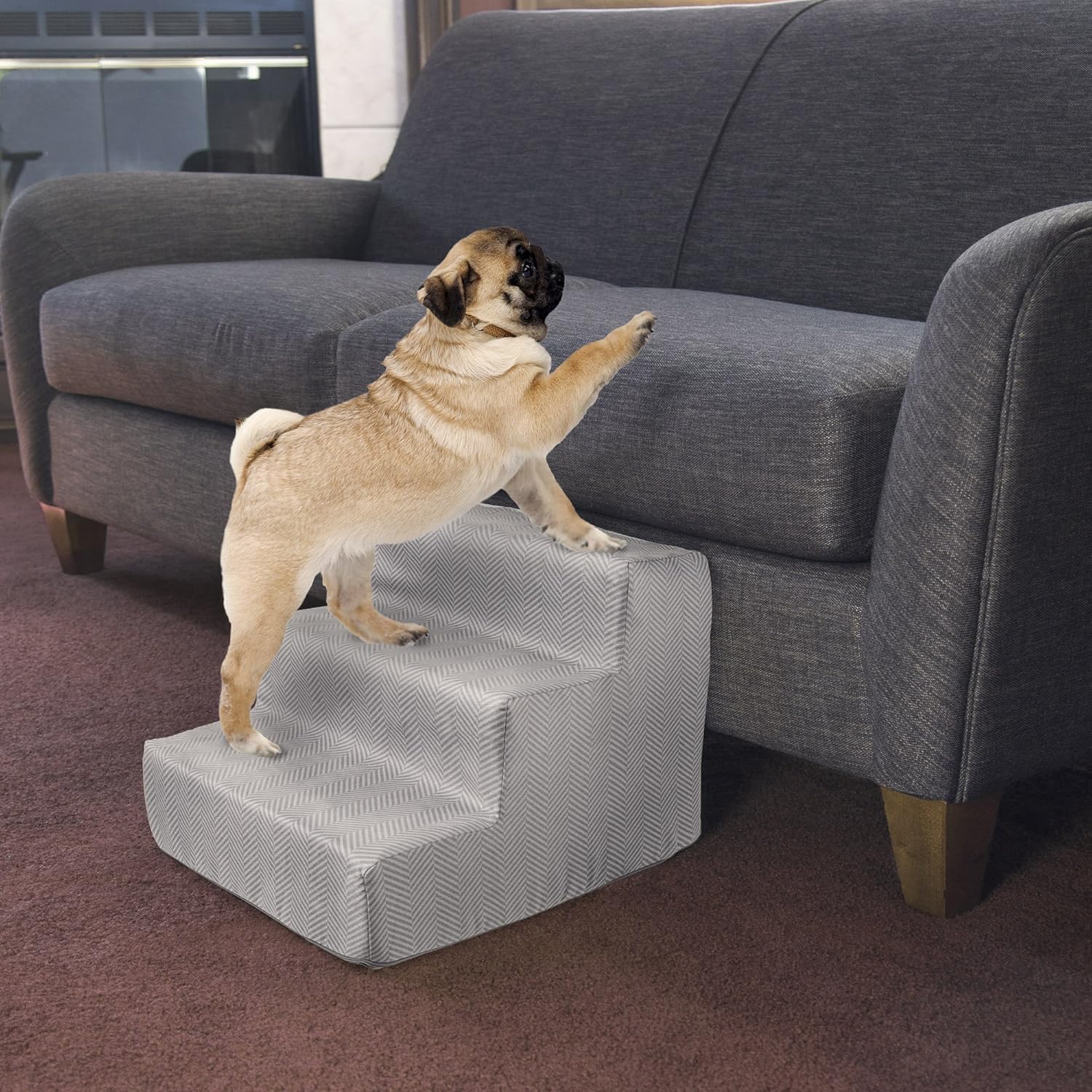 High Density Foam Pet Stairs 3 Steps with Machine Washable Zippered Removeable Micro-Fiber Cover with non-slip bottom by PETMAKER – Print on Gray : Pet Supplies