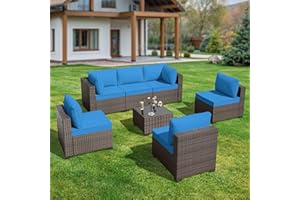 GREZJXC 7 Pieces Outdoor Patio Furniture Set Wicker Sectional Sofa with Cushions & Tea Table Patio Rattan Conversation Chair Sofa Set Blue