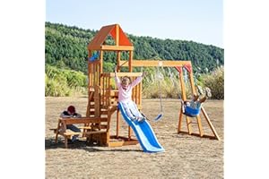 DOLPHIN PLAYGROUND T Dolphin Playground Wooden Swing Sets for Backyard with Monkey Bar, Outdoor Playset for Kids with 2 in 1 Outdoor Table, Wave Slide, Climbing Wall, and 2 Belt Swings, Heavy Duty Playground Accessories