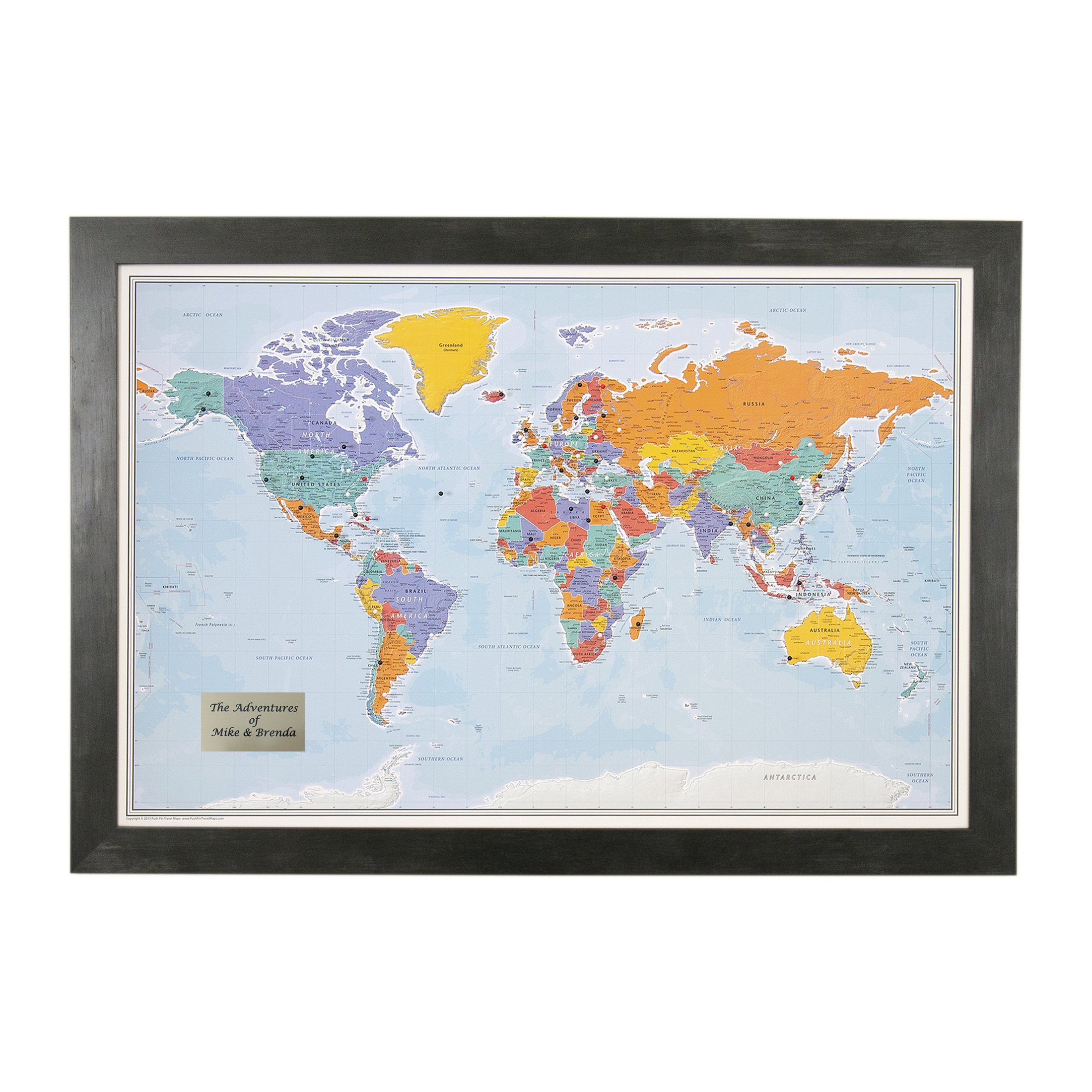 Personalized Push Pin World Travel Map with Rustic Black Frame and Pins - Blue Oceans - 27.5 inches 