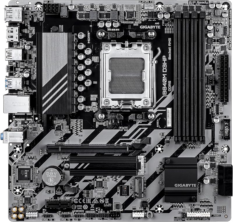 GIGABYTE B840M D3HP Placa Base – CPUs AMD Ryzen 9000, VRM de 8+2+2 Fases, hasta 8200 MHz DDR5 (O.C.), 2× M.2 PCIe 4.0, LAN 1 GbE, USB 3.2 Gen 2