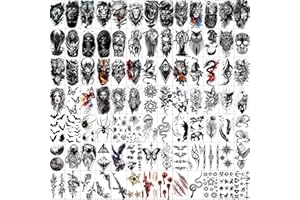 Hotoyannia 102 Sheets Halloween Tiny Temporary Tattoos Stickers, Fake Tattoos That Look Real And Last Long, Halloween Include Black Scary Wolf Lion Tiger Skeleton Skull Tattoos