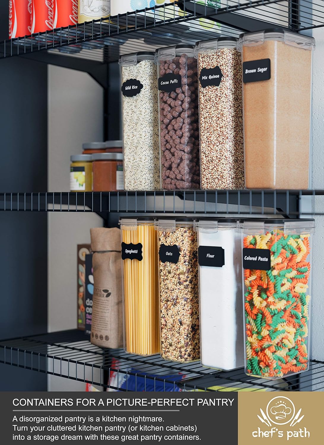 Chef's Path Airtight Tall Food Storage Container Set - Ideal for Spaghetti, Noodles & Pasta - 4 PC/All Same Size - Kitchen & Pantry Organization - Plastic Canisters with Durable Lids (Black): Kitchen & Dining