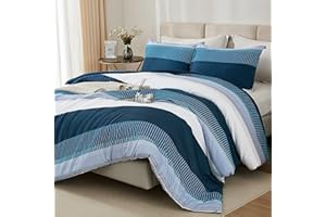 Litanika Navy Blue Comforter Queen Size Set, 3 Pieces Bedding Set, Double Blue White Colorblock Stripe (90x90In Comforter, 2 