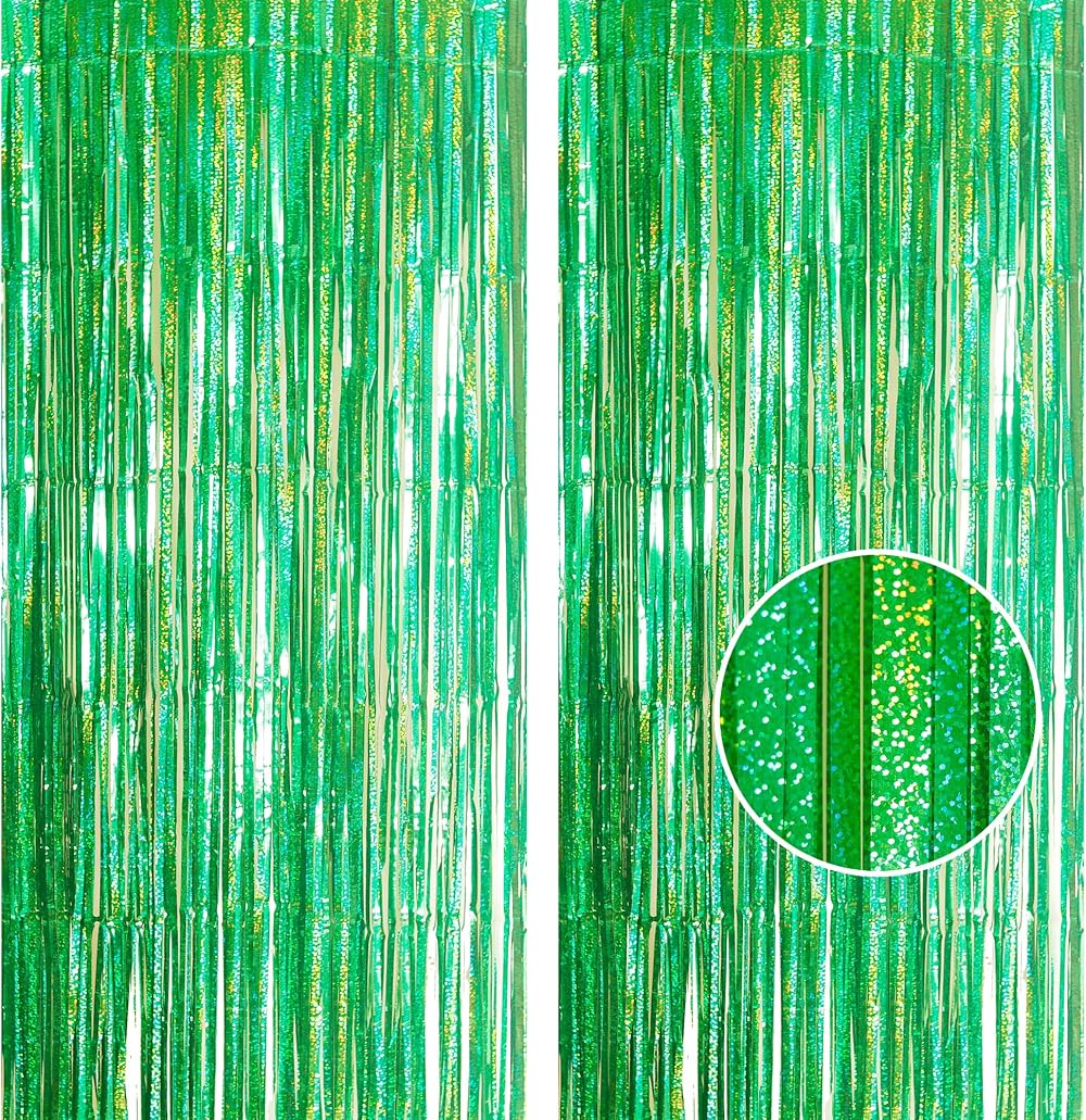 YAAVAAW Green Glitter Tinsel Curtain 2 Pack 3.2x8.3ft Backdrop Festive