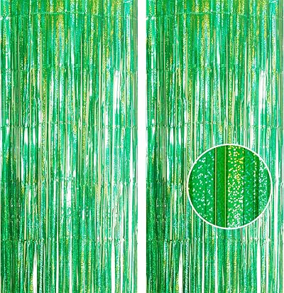YAAVAAW Green Glitter Tinsel Curtain 2 Pack 3.2x8.3ft Backdrop Festive