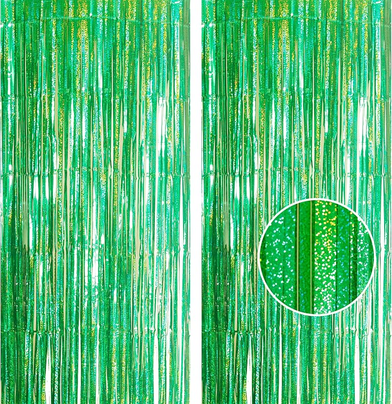 YAAVAAW Green Glitter Tinsel Curtain 2 Pack 3.2x8.3ft Backdrop Festive