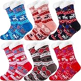 Jadive 6 Pairs Christmas Fuzzy Slipper Socks for Women with Grippers Non Slip Winter Warm Fluffy Cozy Fleece Socks