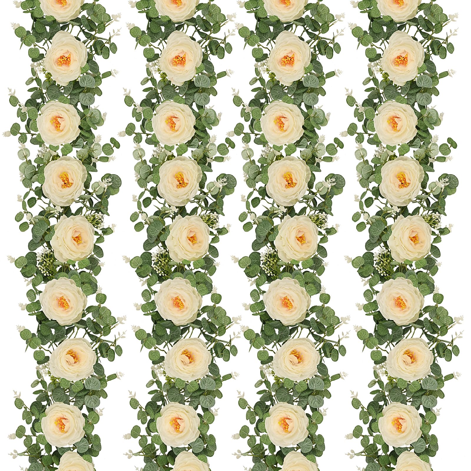 Dolicer 4Pcs 26Ft Artificial Eucalyptus Garlands with Flowers, Faux Floral Greenery Garlands Fake Flowers Vines for Wedding Centerpieces Arch Party Ceremony Backdrop Decor (Champagne)