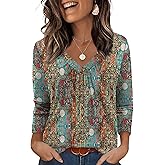 OFEEFAN 3/4 Length Sleeve Womens Tops Pleated Front V Neck Tunic Shirts Loose Blouses Dressy Casual Fall Fashion