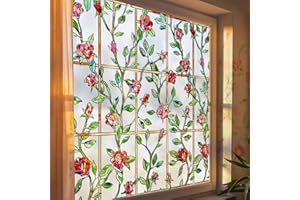 Windimiley Stained Glass Window Privacy Film: 3D Rose Floral Decorative Frosted Static Cling Bathroom Heat Control Sun Blocking Window Sticker Non Adhesive Door Covering(16.9 x 39.4 in,Red)