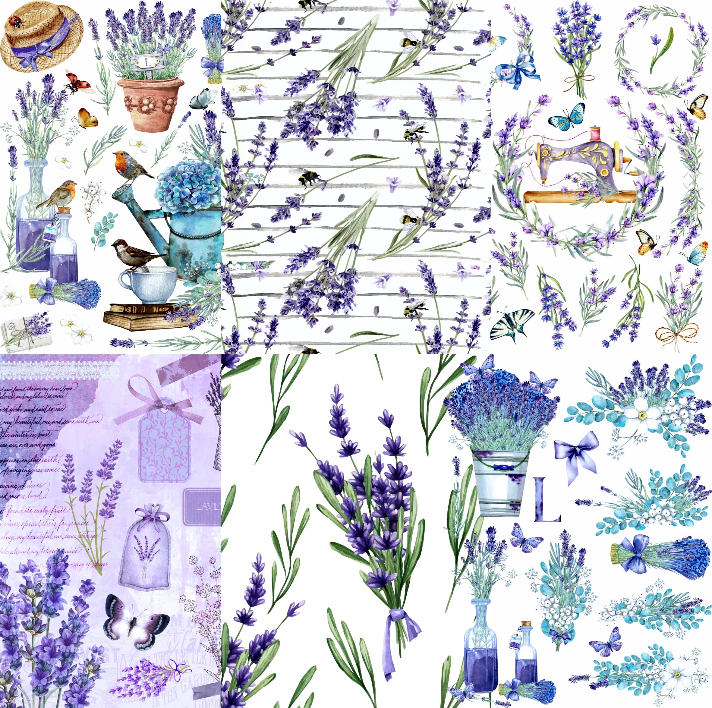Lavender Theme Mulberry Rice Paper, 20.5 x 26.5cm - 6 x Different Printed Mulberry Paper Images 30gsm Visible Fibres for Decoupage Crafts Mixed Media Collage Art